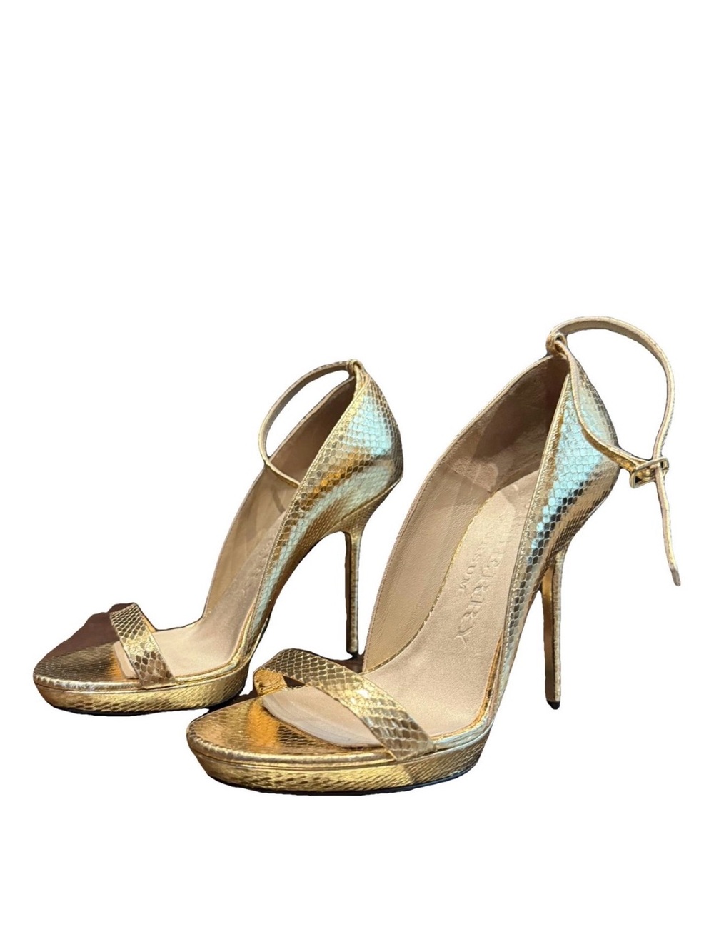 Burberry Gold Snake-Embossed Ankle-Strap Stiletto Sandals